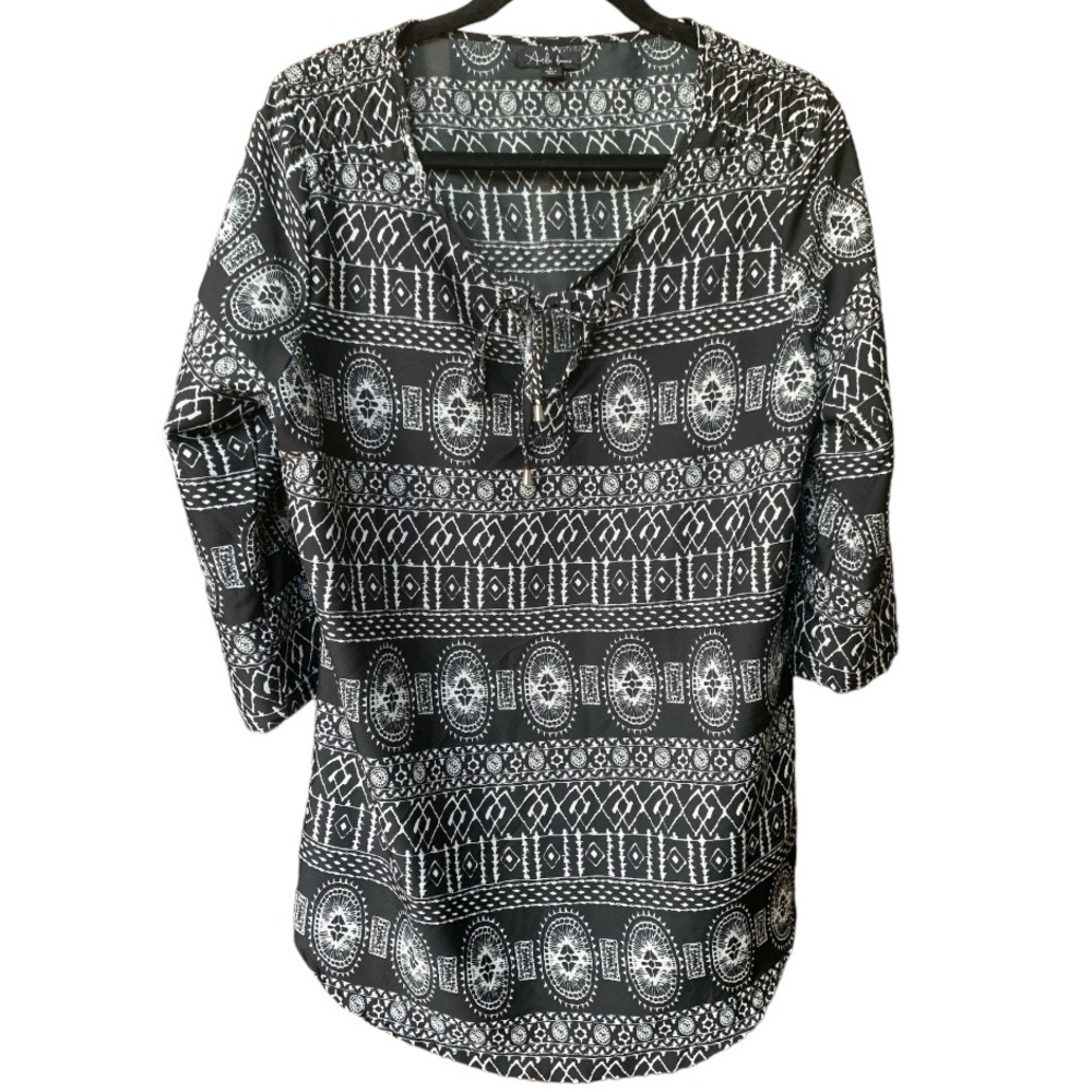 Antilia Femme Boho Aztec Tribal Print Tunic Blouse Black White Keyhole Tie Largs
